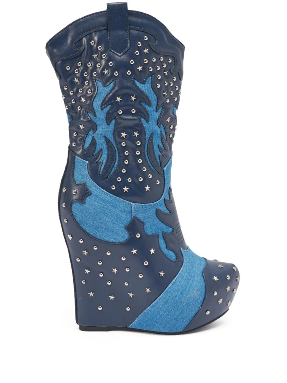 Women's Studded Navy Two-Tone Western Wedge Boots